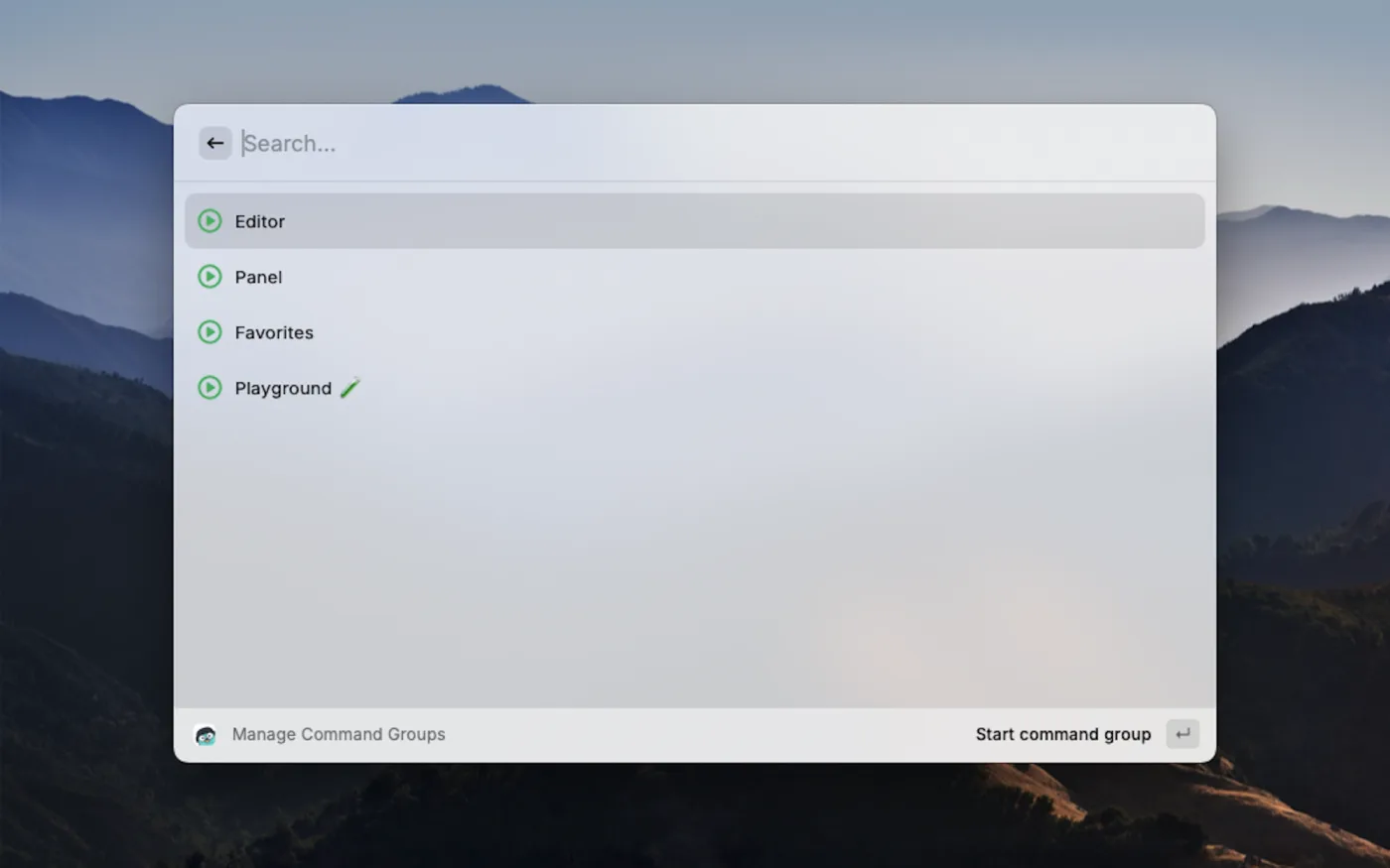 Raycast window listing four Gomander Command Groups (Editor, Panel, Favorites, Playground) with a “Start command group” action.